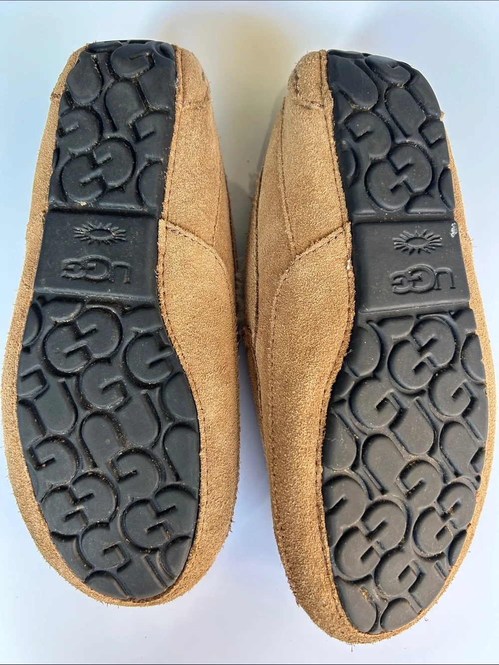 UGG mens 7 women’s 8 Chestnut Suede Shearling-Lined Slip-On Slippers
